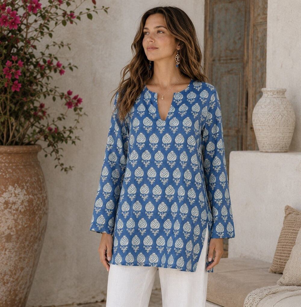 Dolma Blue Floral Print Tunic Blouse Boho Artisan Long Sleeve Cotton Size XXL